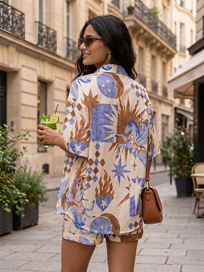 Beige Printed Polyester Short Sleeve Shorts Casual Co-Ord Set