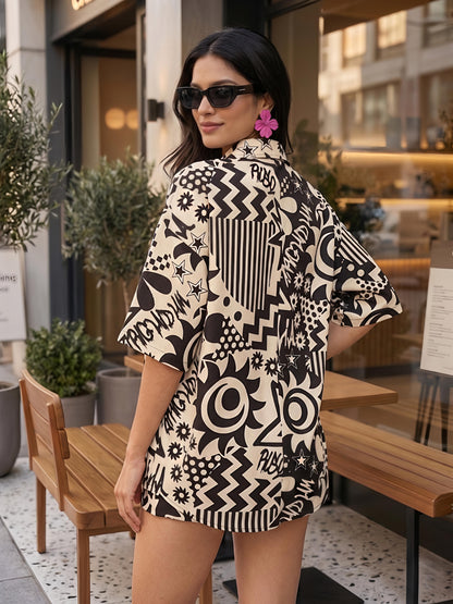 Black Printed Polyester Short Sleeve Shorts Casual Co-Ord Set