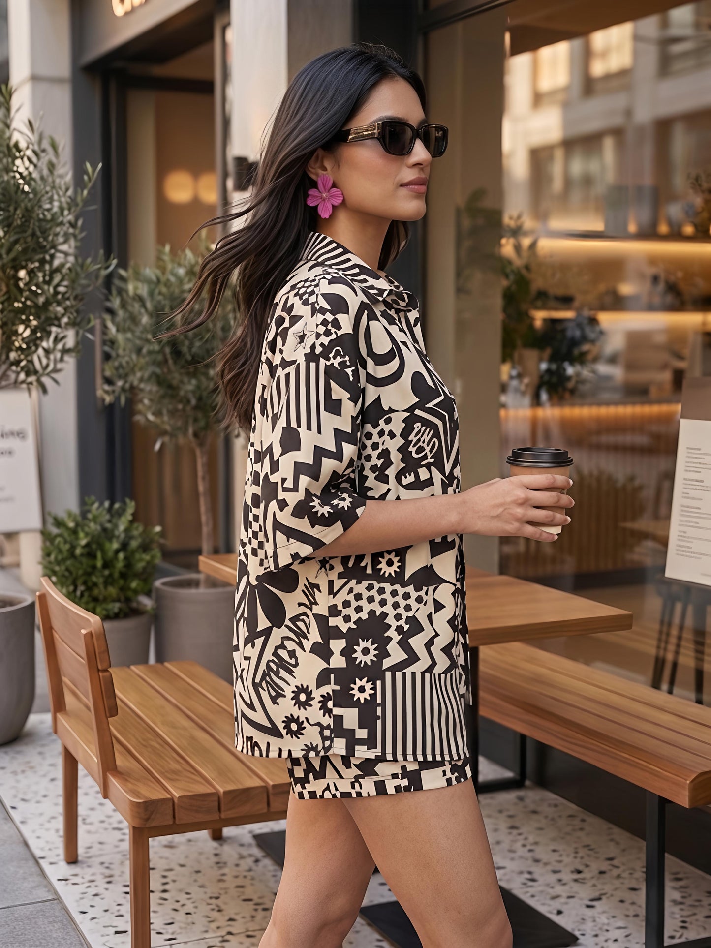 Black Printed Polyester Short Sleeve Shorts Casual Co-Ord Set