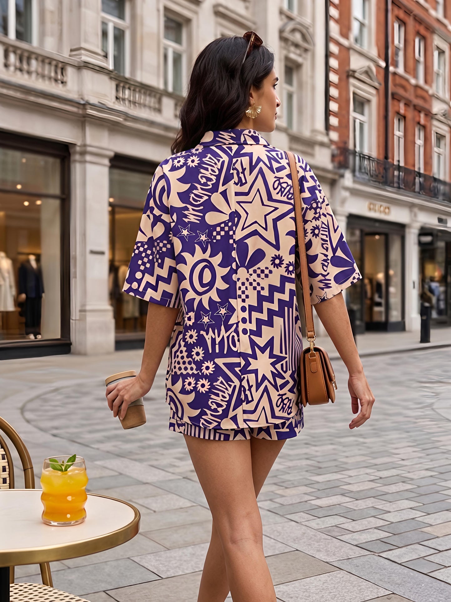 Purple Printed Polyester Short Sleeve Shorts Casual Co-Ord Set