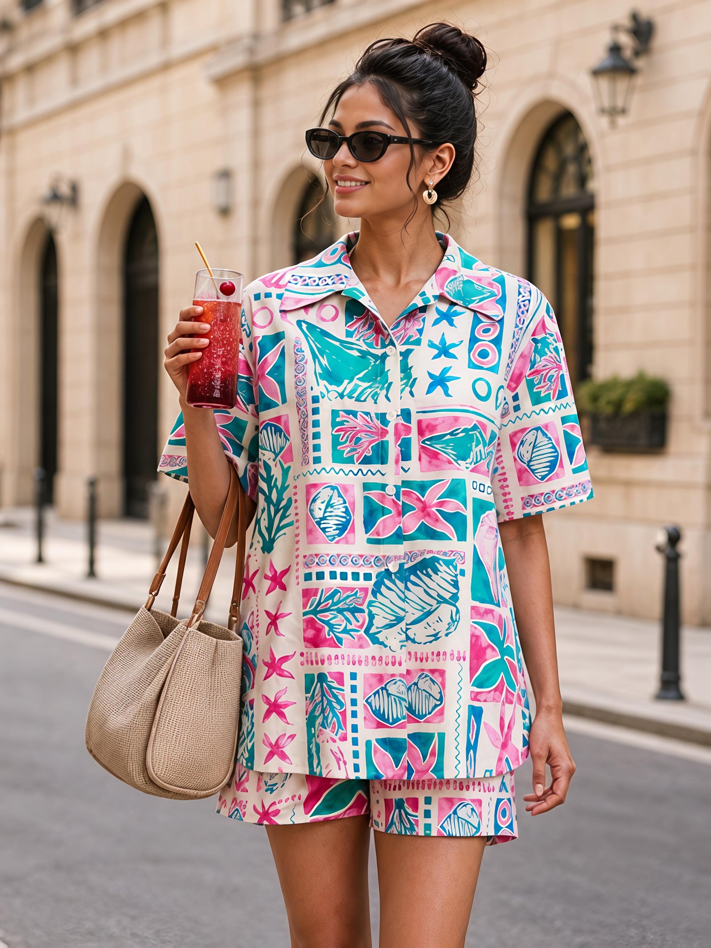 Multicolor Printed Polyester Short Sleeve Shorts Casual Co-Ord Set