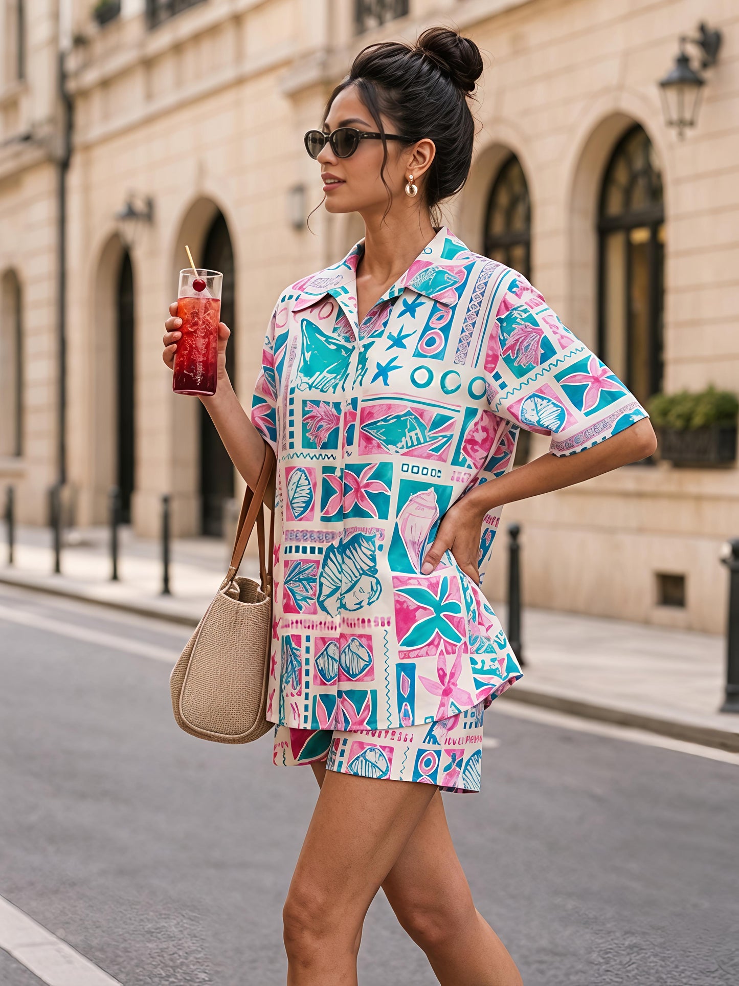 Multicolor Printed Polyester Short Sleeve Shorts Casual Co-Ord Set