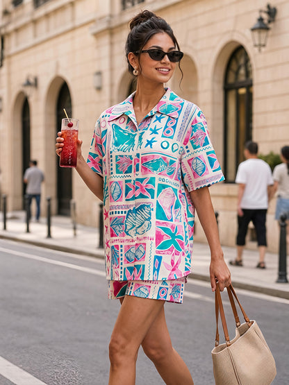 Multicolor Printed Polyester Short Sleeve Shorts Casual Co-Ord Set