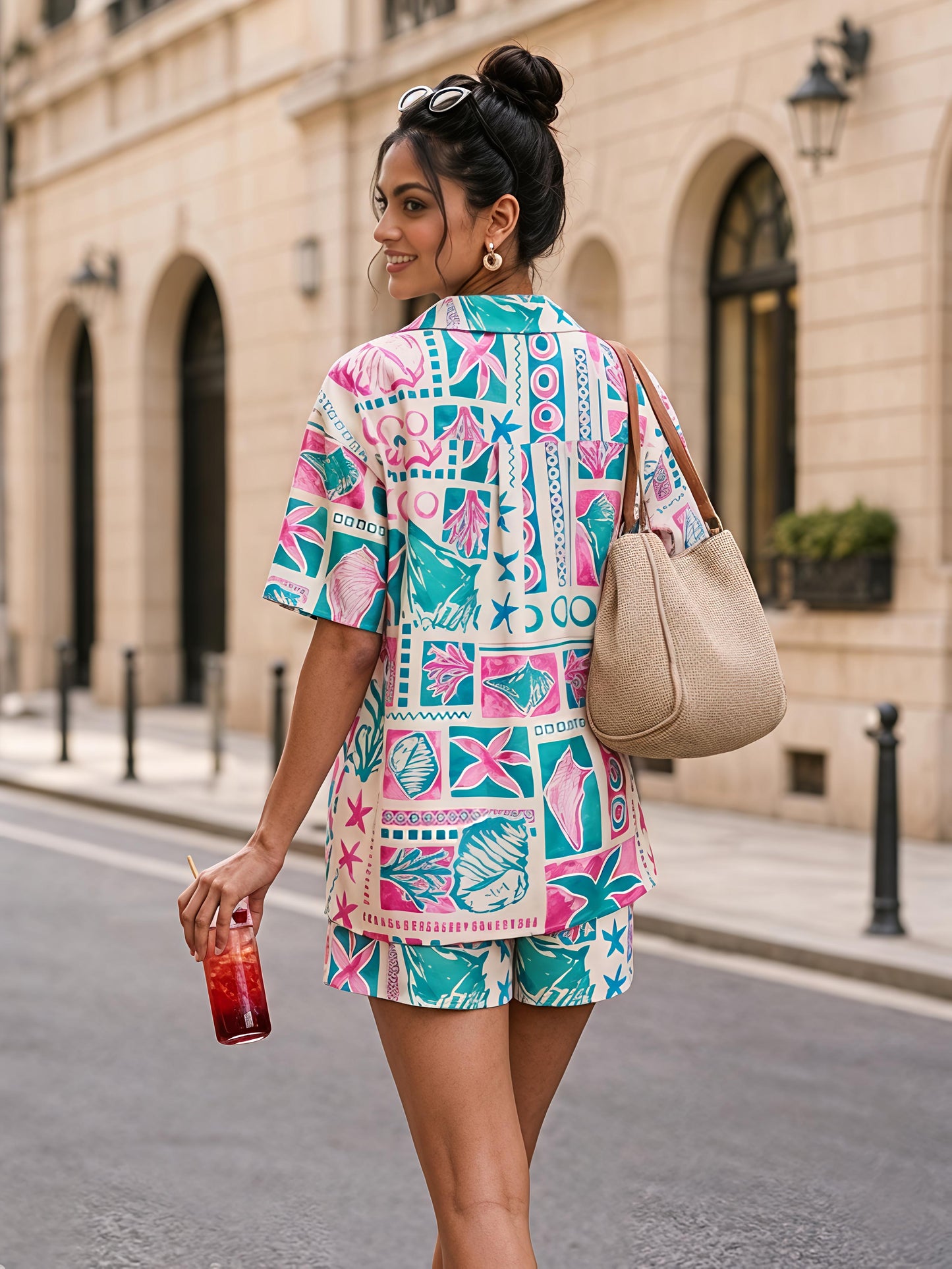 Multicolor Printed Polyester Short Sleeve Shorts Casual Co-Ord Set