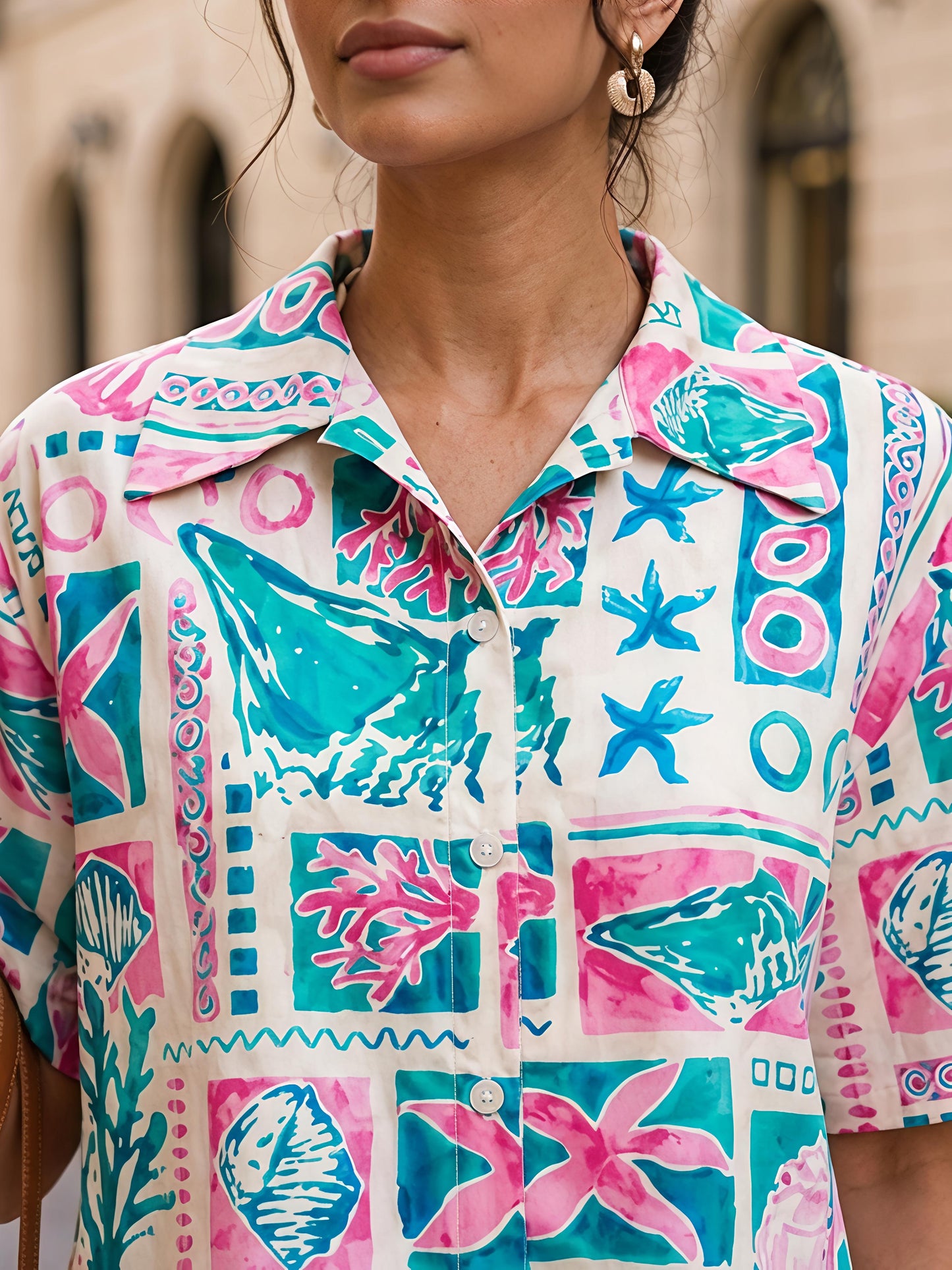 Multicolor Printed Polyester Short Sleeve Shorts Casual Co-Ord Set
