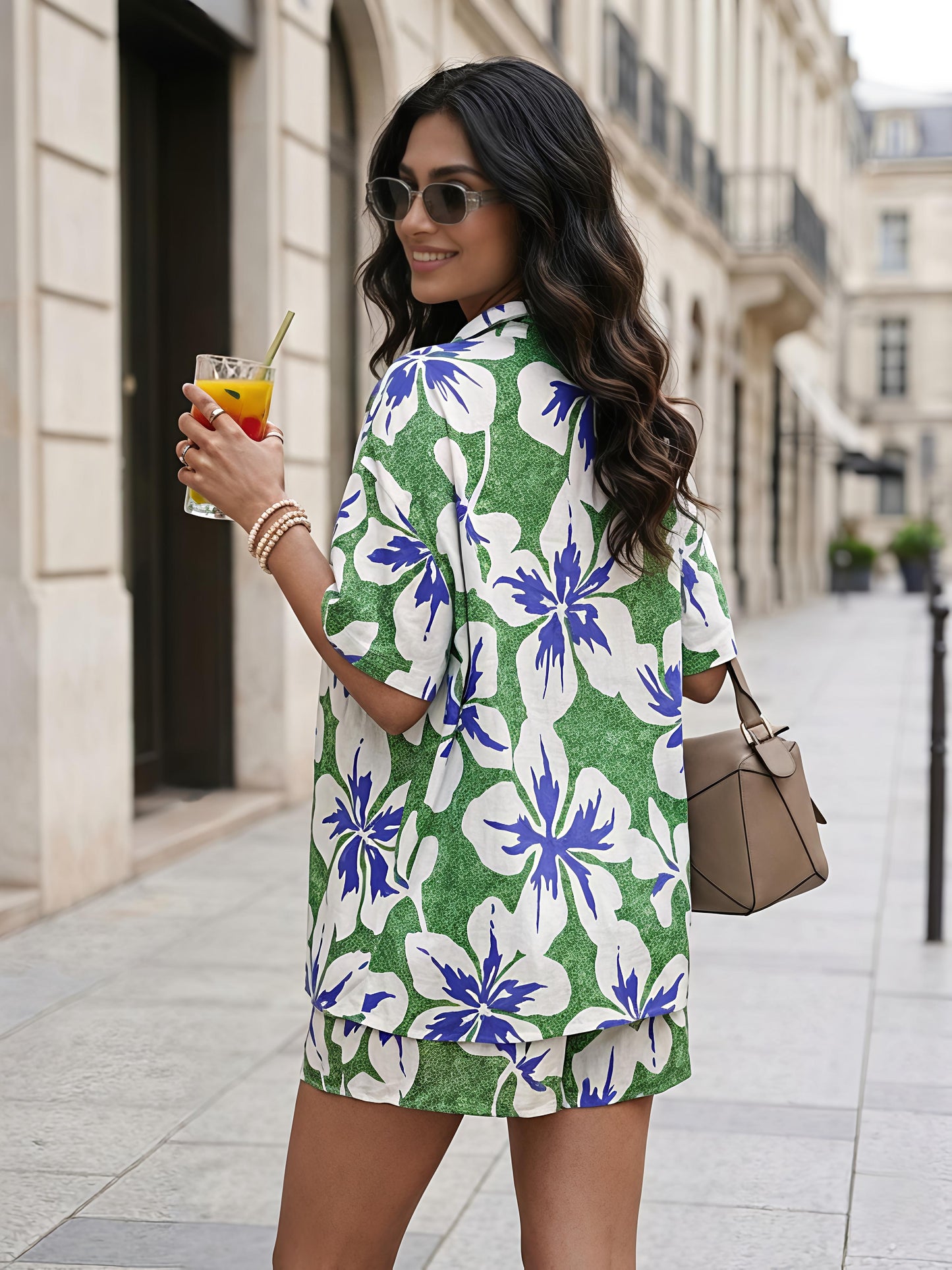 Green floral Printed Polyester Short Sleeve Shorts Casual Co-Ord Set