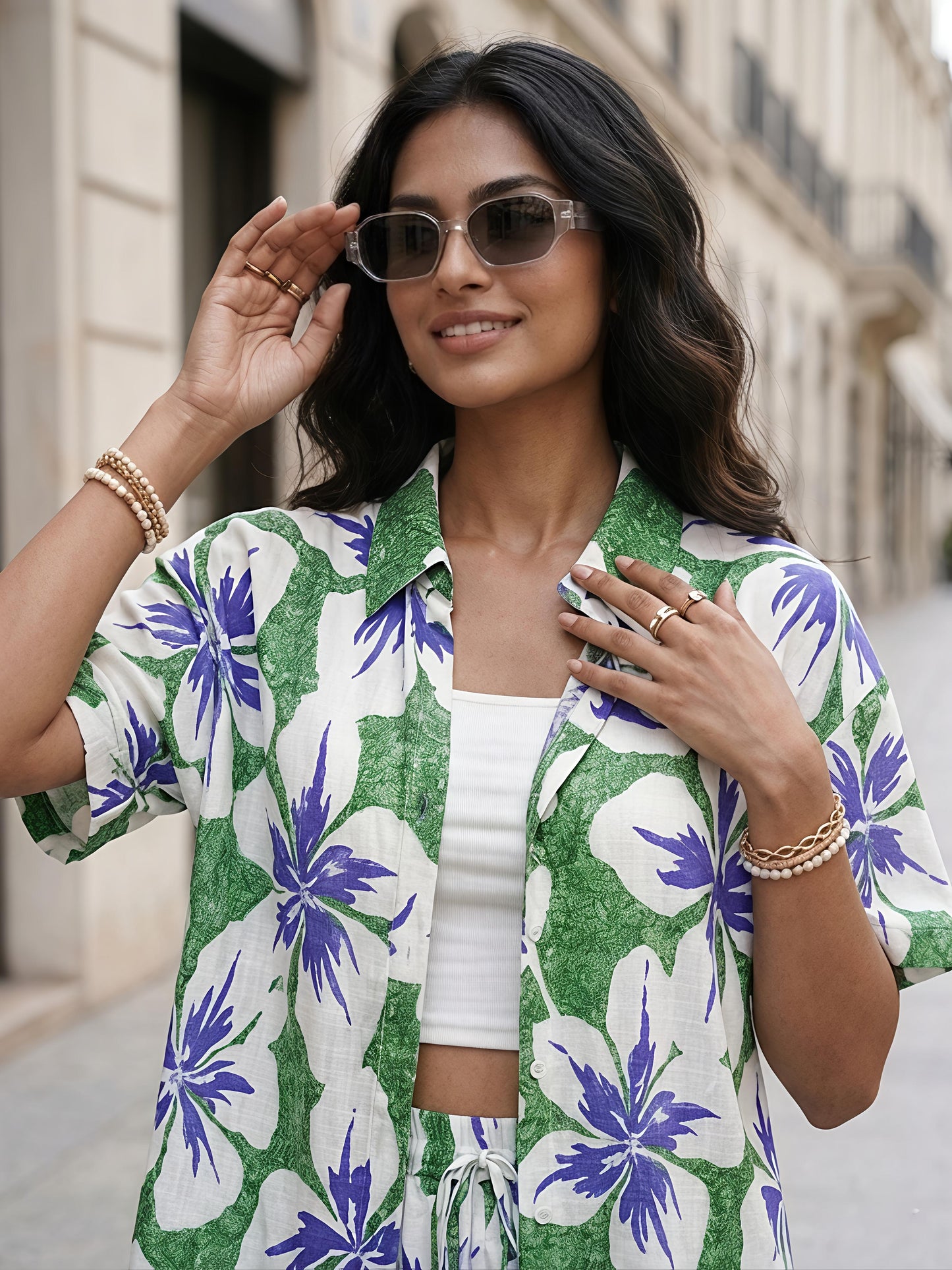 Green floral Printed Polyester Short Sleeve Shorts Casual Co-Ord Set