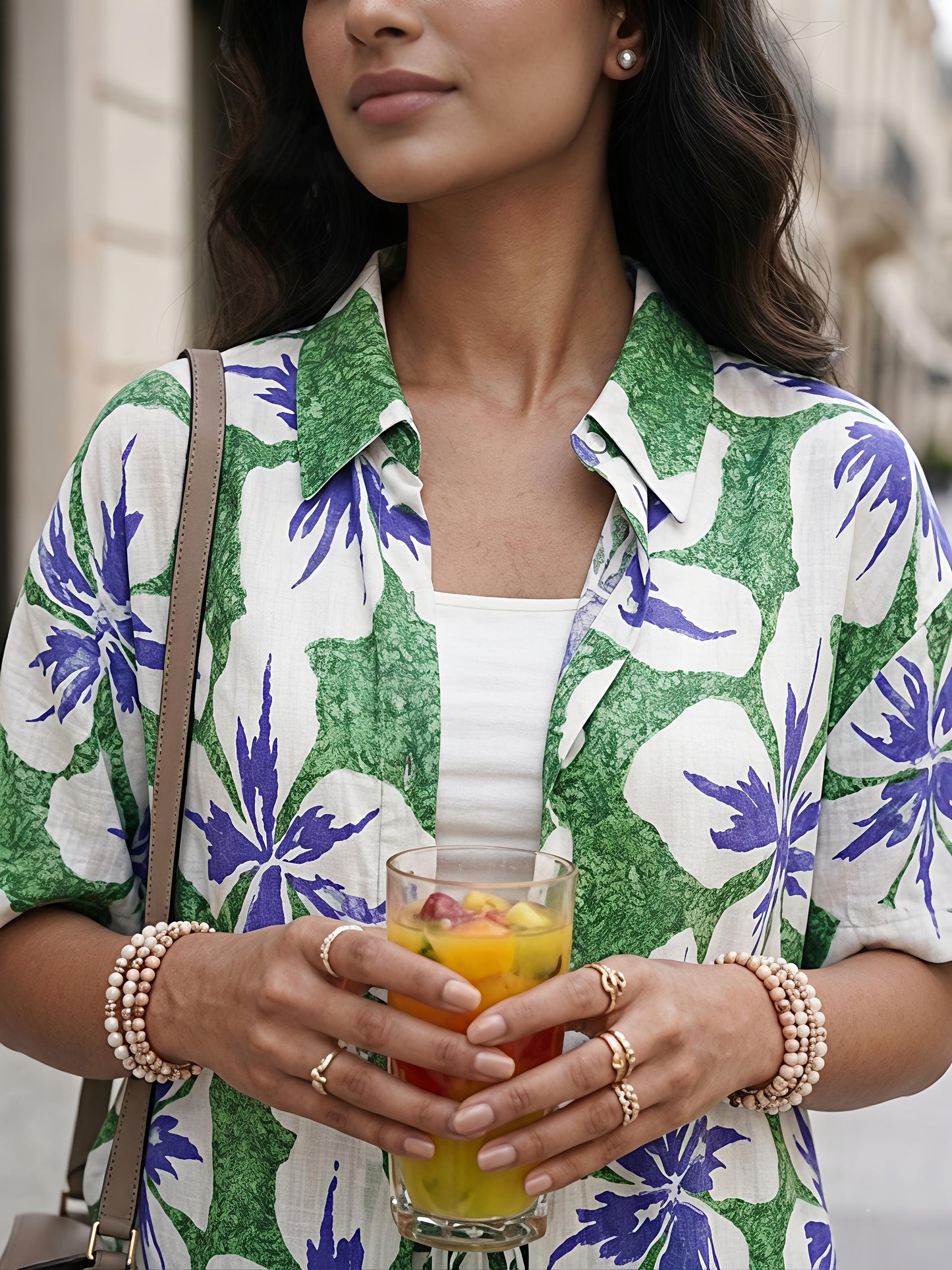 Green floral Printed Polyester Short Sleeve Shorts Casual Co-Ord Set