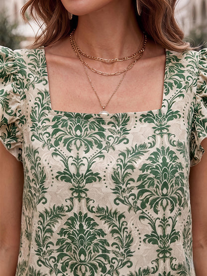 Green Printed Polyester Ruffle Sleeve Shorts Casual Co-Ord Set