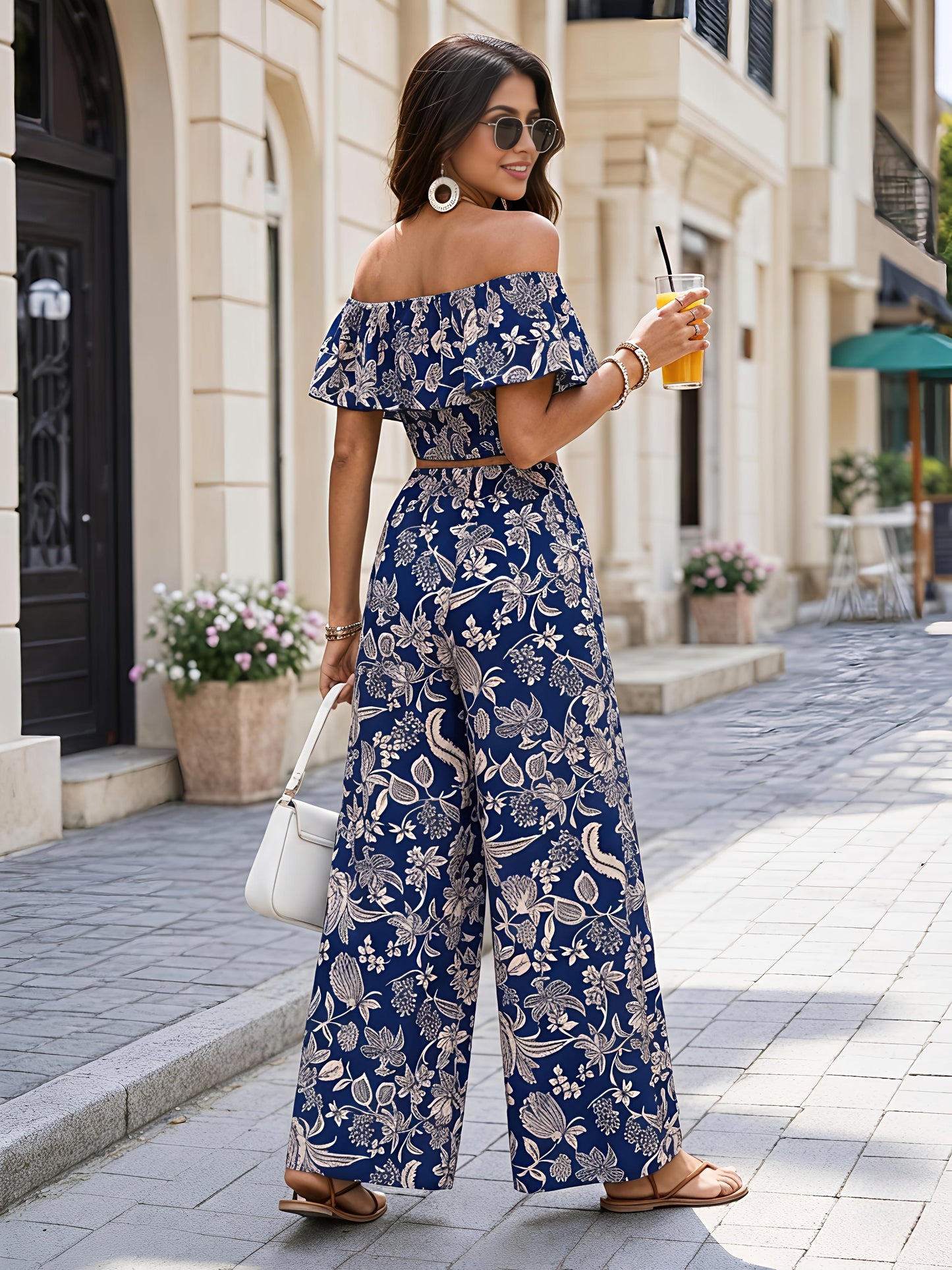 Navy Blue Printed Polyester Off Shoulder Ruffle Co-Ord Set