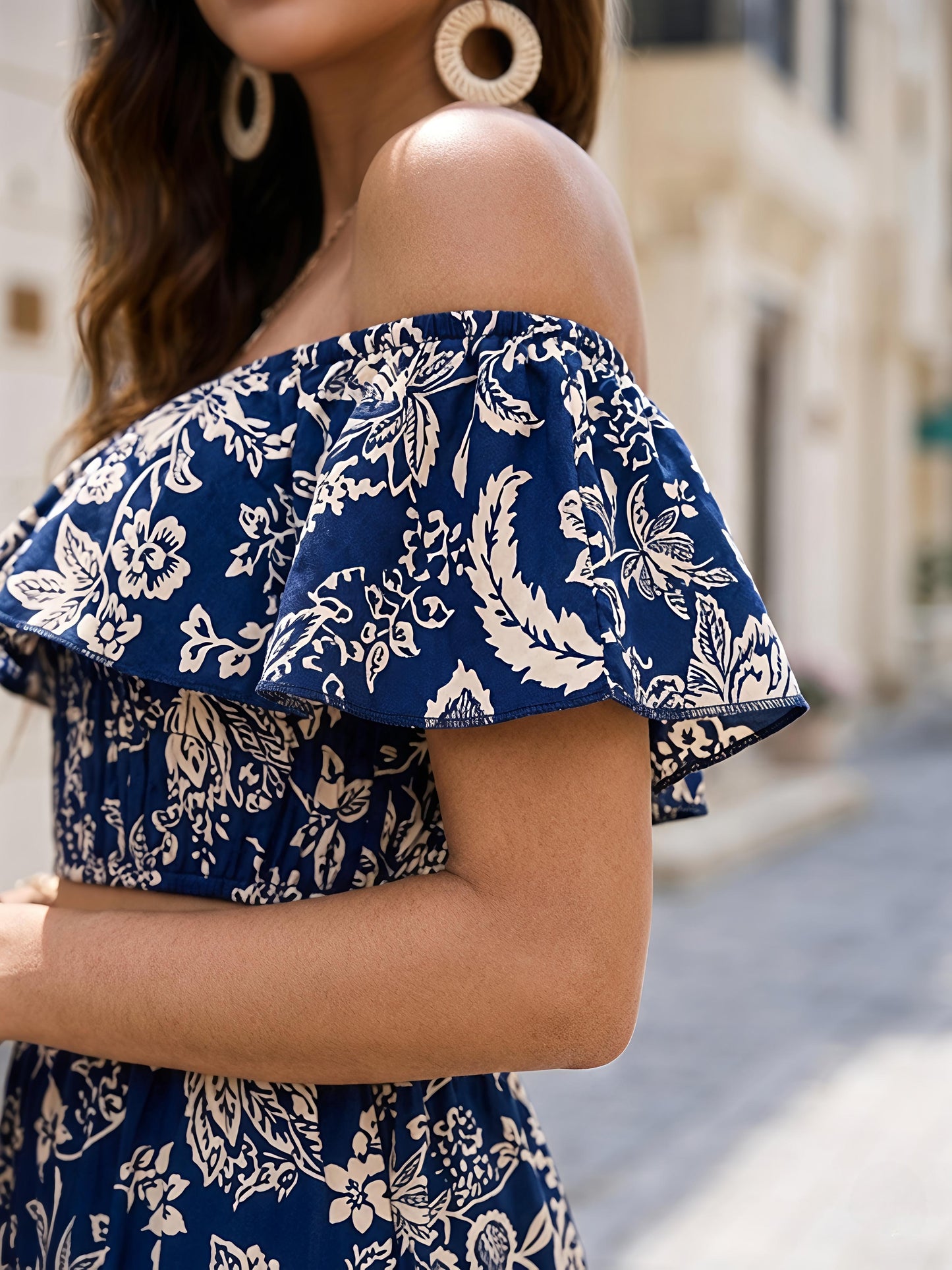 Navy Blue Printed Polyester Off Shoulder Ruffle Co-Ord Set