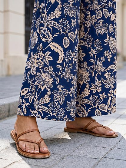 Navy Blue Printed Polyester Off Shoulder Ruffle Co-Ord Set