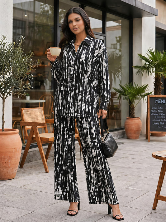 Black Abstract Printed Polyester Shirt Collar Co-Ord Set Set