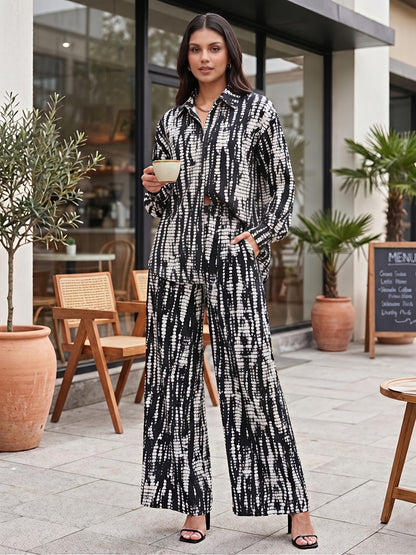 Black Abstract Printed Polyester Shirt Collar Co-Ord Set Set