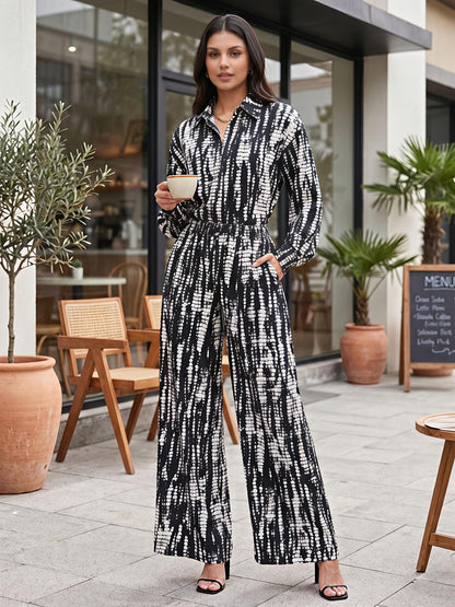 Black Abstract Printed Polyester Shirt Collar Co-Ord Set Set