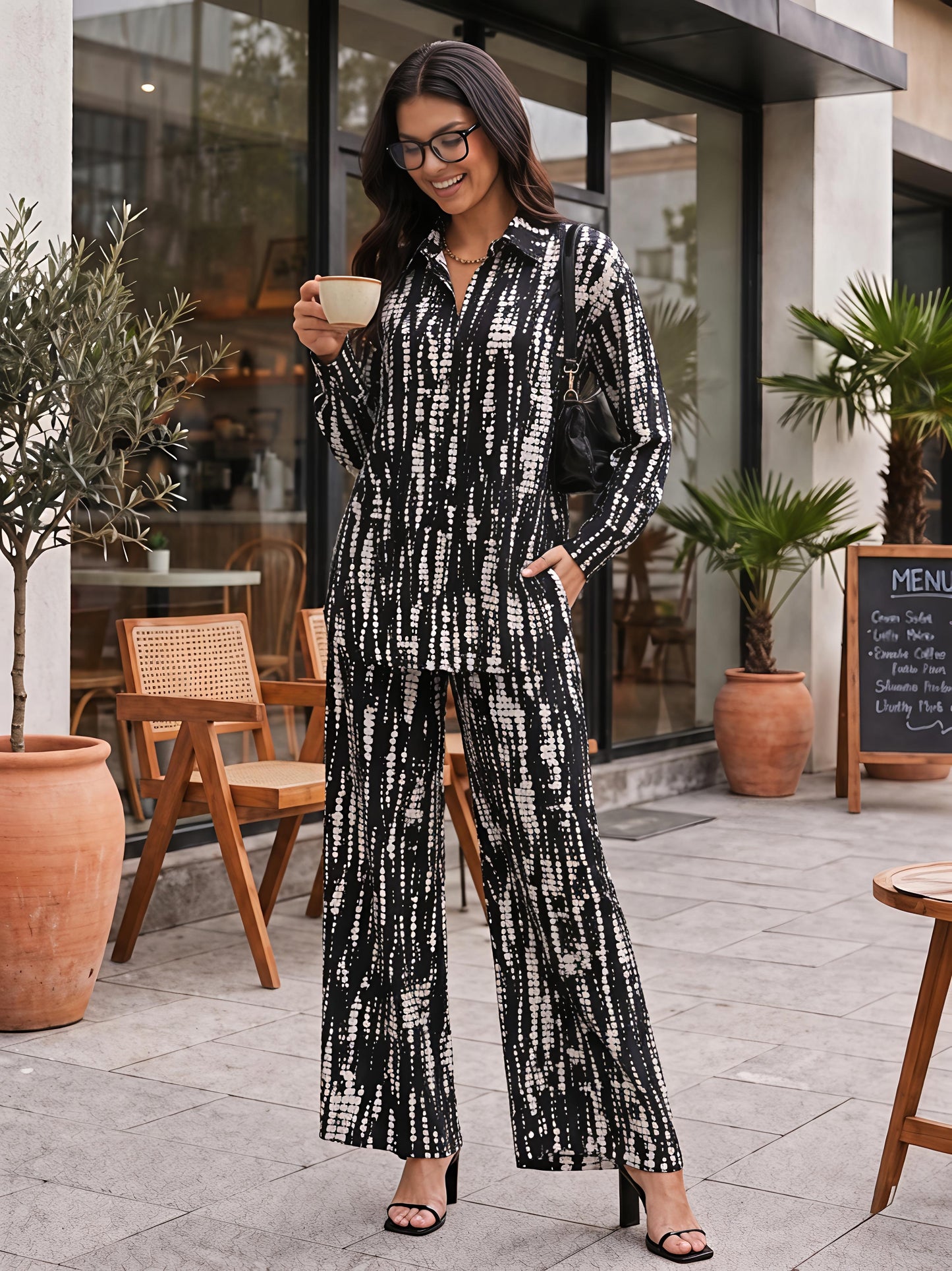 Black Abstract Printed Polyester Shirt Collar Co-Ord Set Set