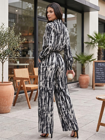 Black Abstract Printed Polyester Shirt Collar Co-Ord Set Set
