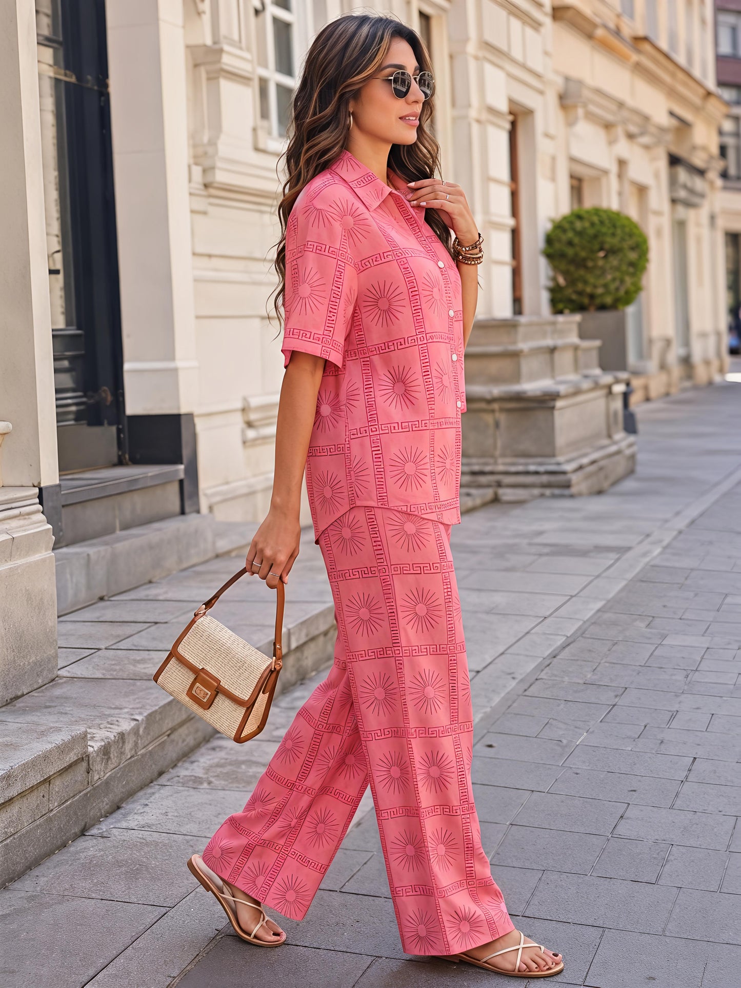 Pink Printed Polyester Button Down Shirt Casual Co-Ord Set