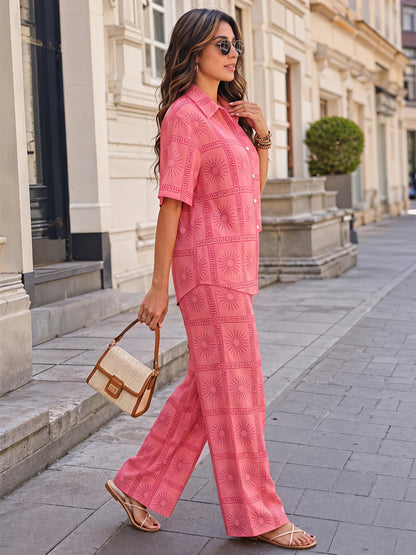 Pink Printed Polyester Button Down Shirt Casual Co-Ord Set