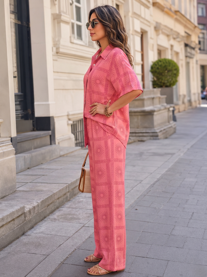 Pink Printed Polyester Button Down Shirt Casual Co-Ord Set