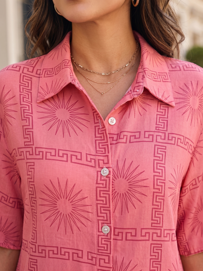 Pink Printed Polyester Button Down Shirt Casual Co-Ord Set