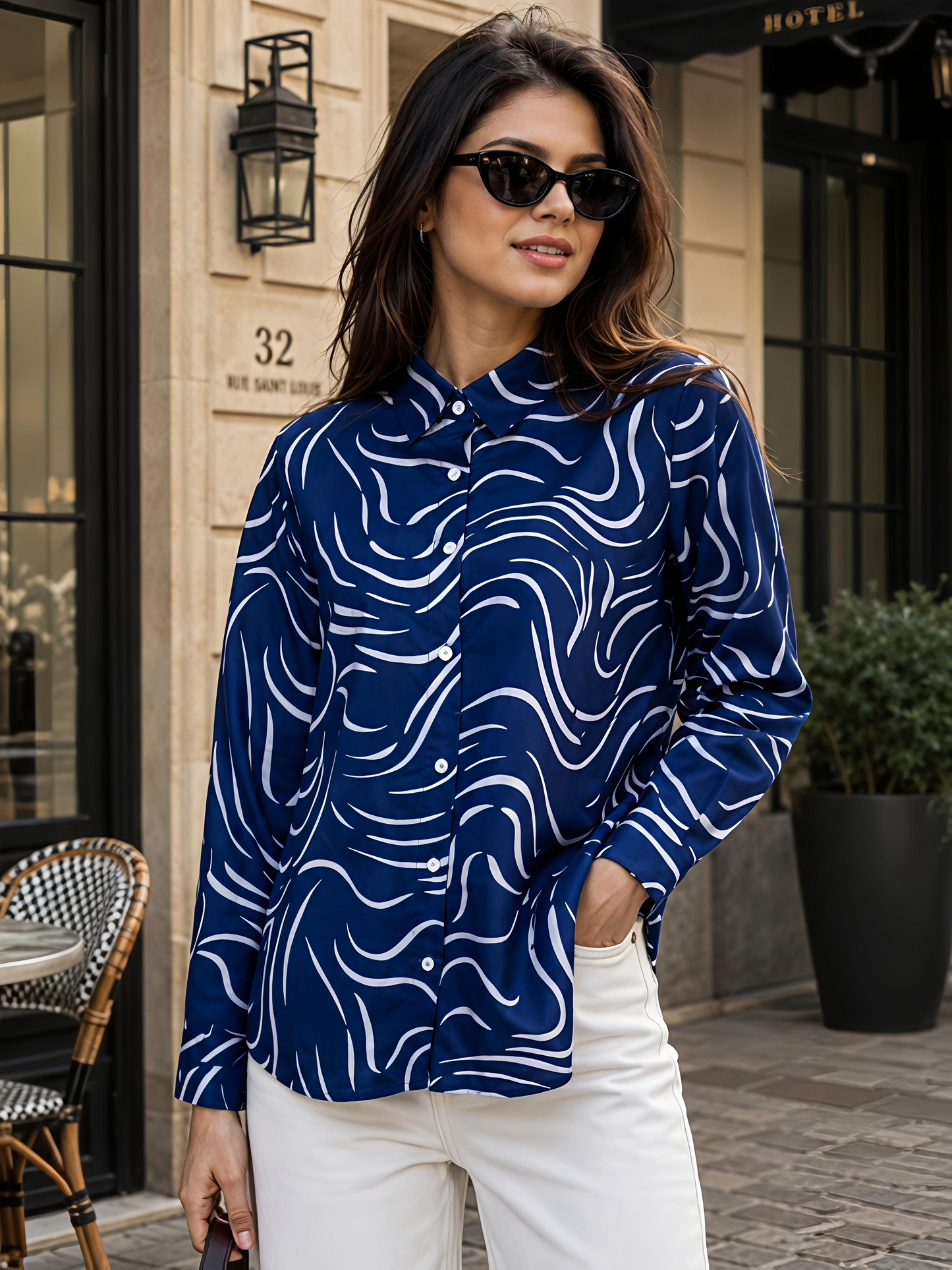 Navy Printed Abstract Button Down Long Sleeve Casual Shirt