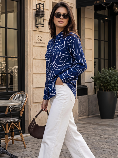 Navy Printed Abstract Button Down Long Sleeve Casual Shirt