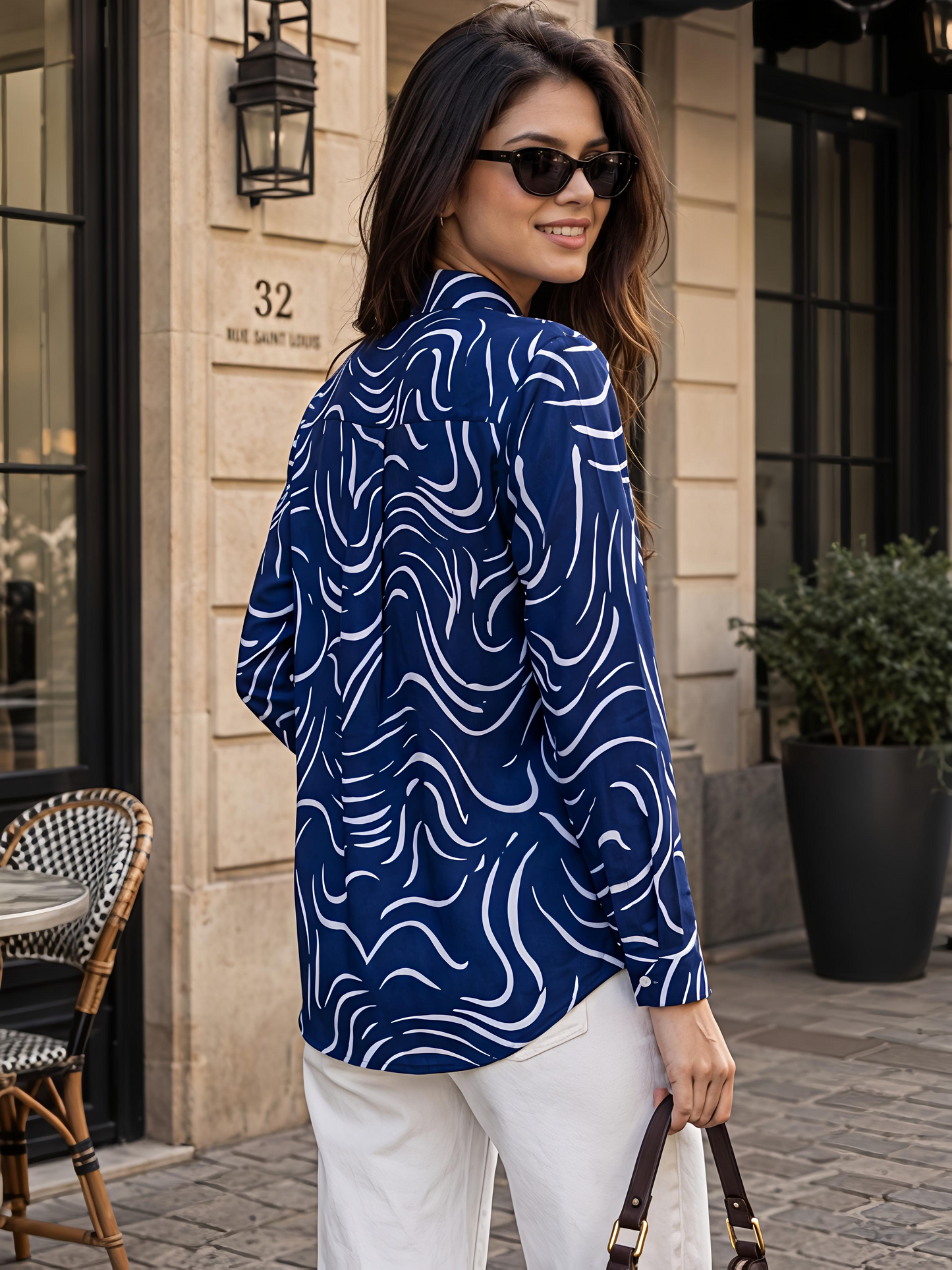 Navy Printed Abstract Button Down Long Sleeve Casual Shirt