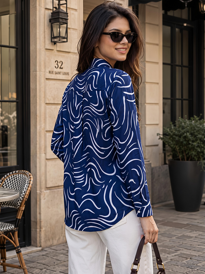 Navy Printed Abstract Button Down Long Sleeve Casual Shirt