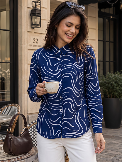 Navy Printed Abstract Button Down Long Sleeve Casual Shirt
