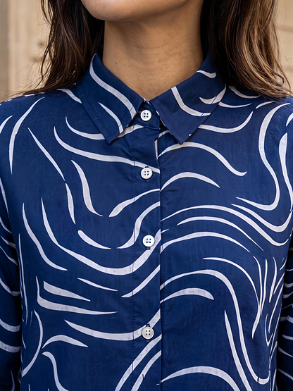 Navy Printed Abstract Button Down Long Sleeve Casual Shirt