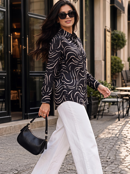 Black Printed Abstract Button Down Long Sleeve Casual Shirt