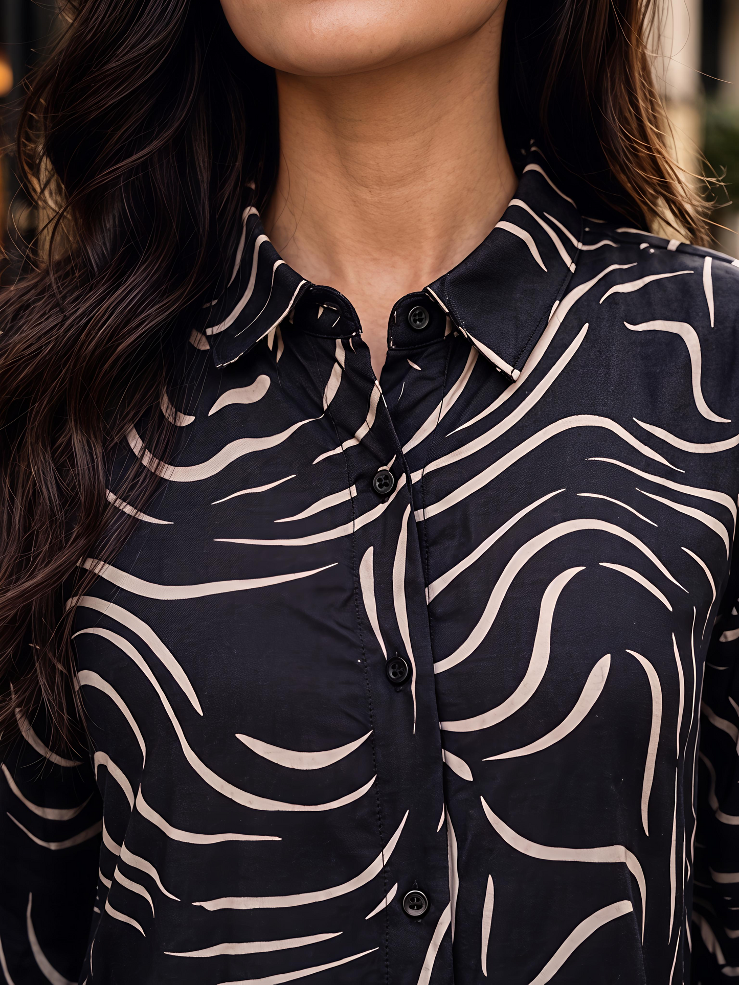 Black Printed Abstract Button Down Long Sleeve Casual Shirt
