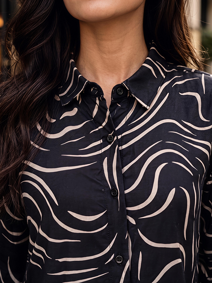 Black Printed Abstract Button Down Long Sleeve Casual Shirt