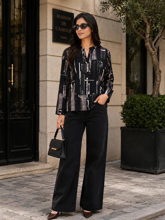 Black Printed Abstract Mandarin Neck Long Sleeve Casual Shirt