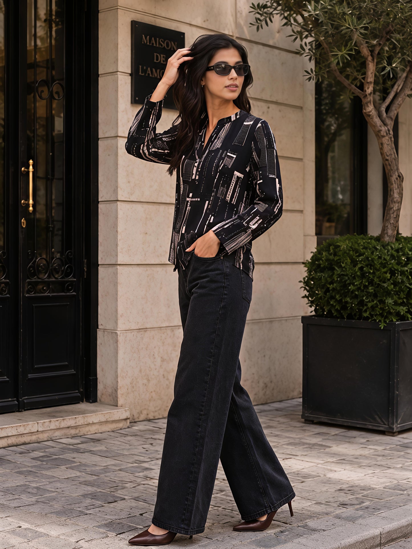 Black Printed Abstract Mandarin Neck Long Sleeve Casual Shirt