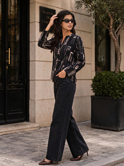 Black Printed Abstract Mandarin Neck Long Sleeve Casual Shirt