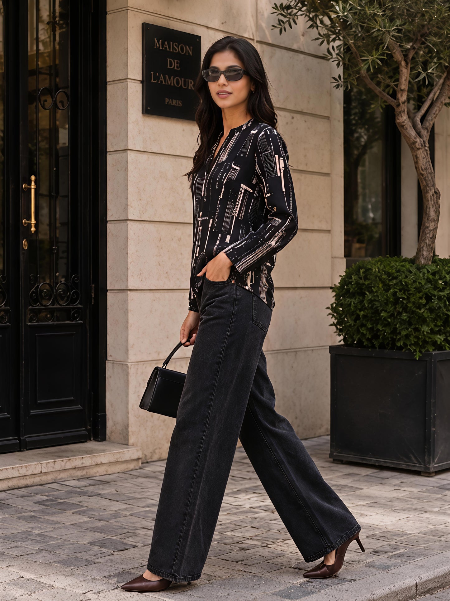 Black Printed Abstract Mandarin Neck Long Sleeve Casual Shirt