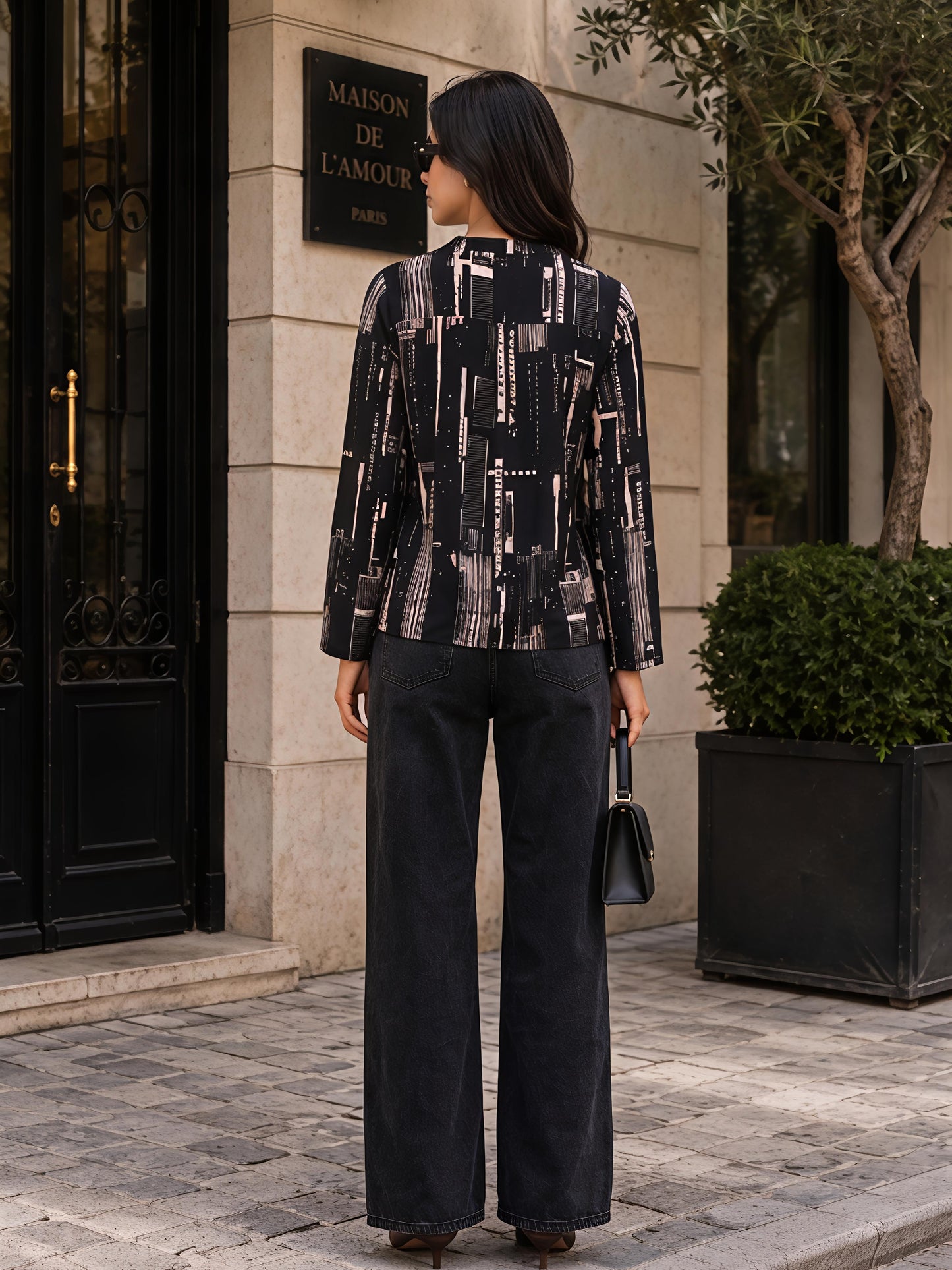 Black Printed Abstract Mandarin Neck Long Sleeve Casual Shirt