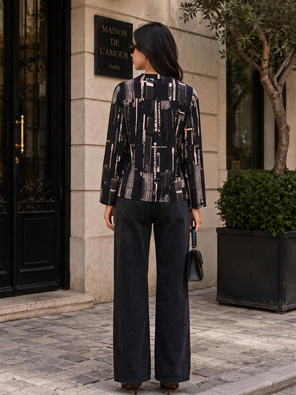 Black Printed Abstract Mandarin Neck Long Sleeve Casual Shirt