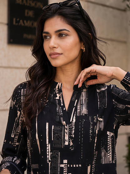 Black Printed Abstract Mandarin Neck Long Sleeve Casual Shirt