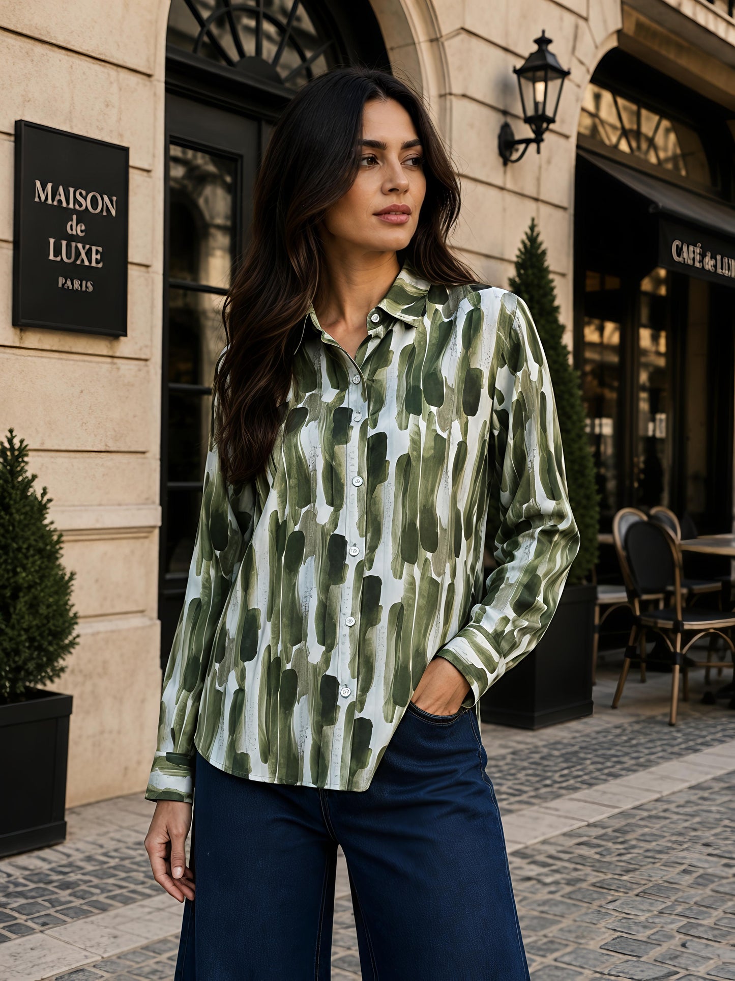 Green Printed Abstract Button Down Long Sleeve Casual Shirt