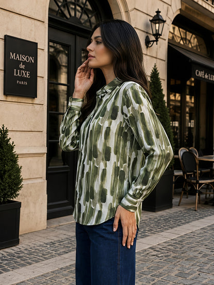 Green Printed Abstract Button Down Long Sleeve Casual Shirt