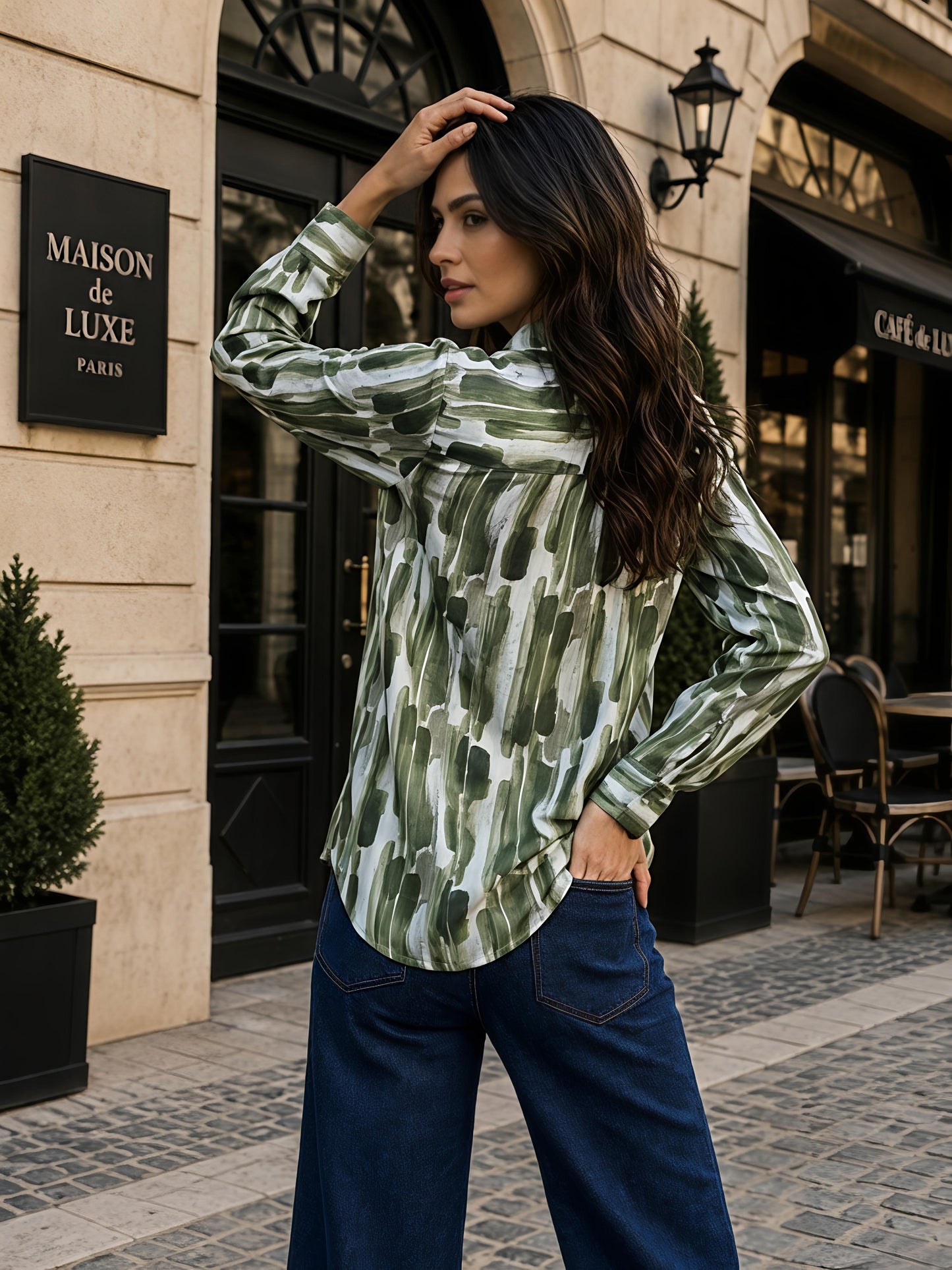 Green Printed Abstract Button Down Long Sleeve Casual Shirt