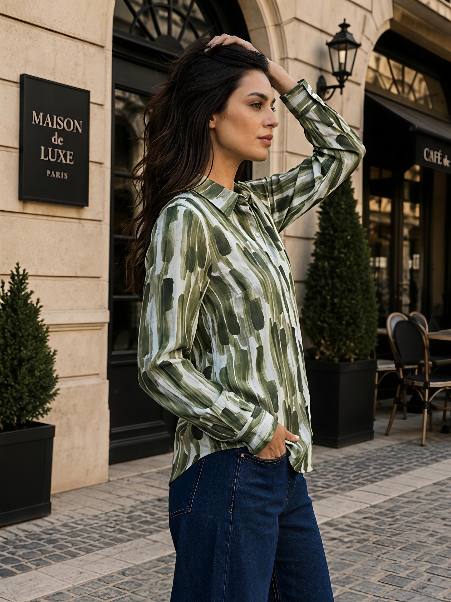 Green Printed Abstract Button Down Long Sleeve Casual Shirt