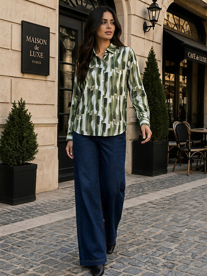 Green Printed Abstract Button Down Long Sleeve Casual Shirt