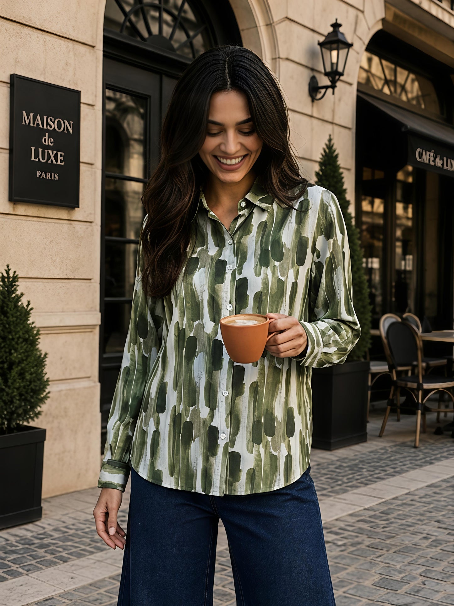 Green Printed Abstract Button Down Long Sleeve Casual Shirt