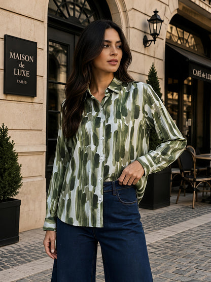 Green Printed Abstract Button Down Long Sleeve Casual Shirt