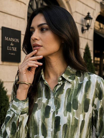 Green Printed Abstract Button Down Long Sleeve Casual Shirt