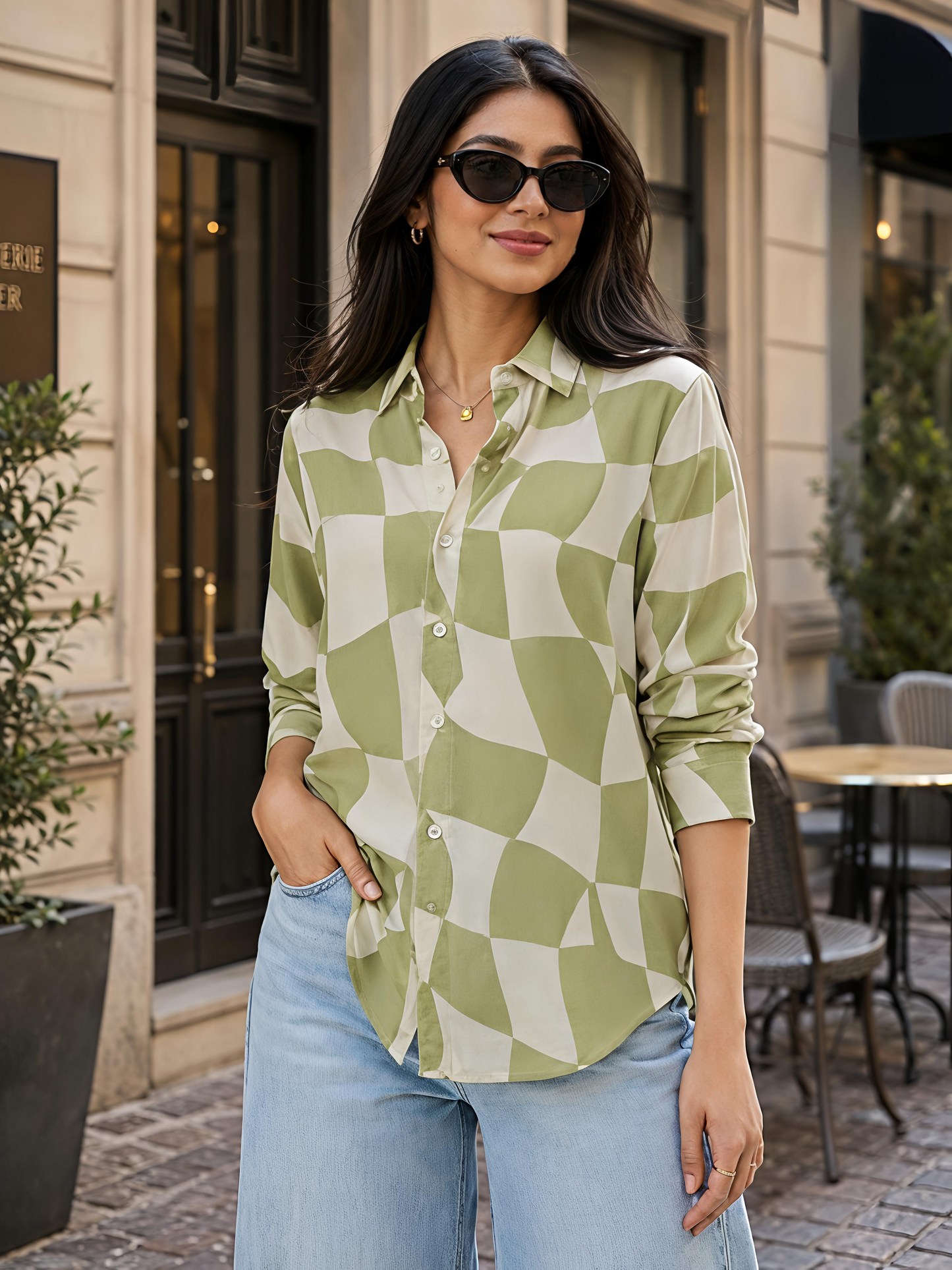 Green Printed Abstract Button Down Long Sleeve Casual Shirt